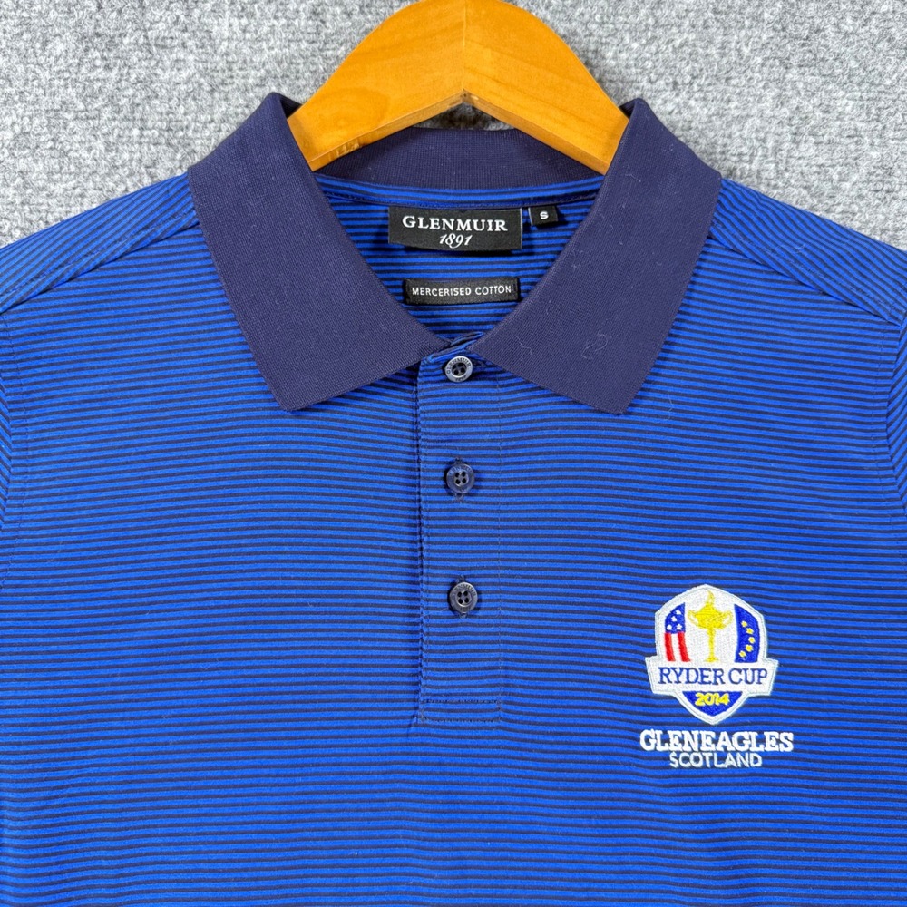 Glenmuir 1891 Ryder Cup 2014 Polo Shirt Mens Small Blue Striped Cotton Golf